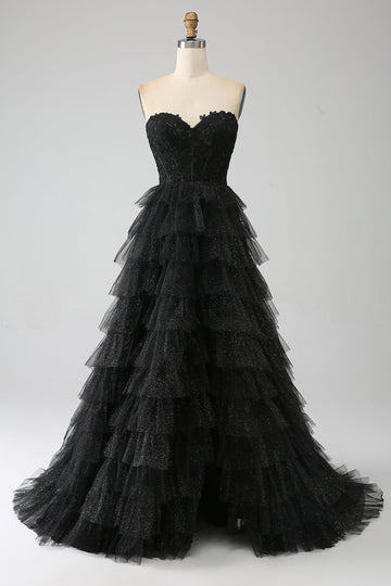 Glitter Sweetheart Corsetto nero Prom Dress con fessura